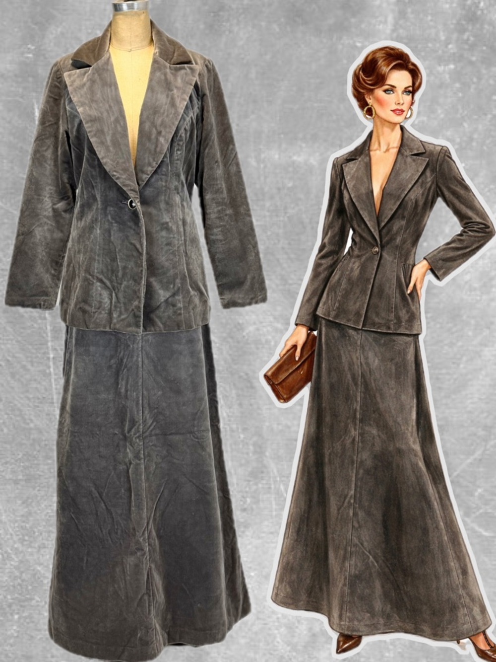 VINTAGE pewter velvet 80s power suit blazer jacket‎ long maxi skirt 2 piece set